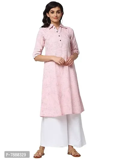 Sayesh Pink Printed Shirt Collar Women's Cotton Kurti-thumb0