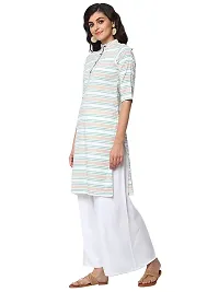 Sayesha Yellow Blue White Stripes Mandarin Collar Women's Cotton Kurti-thumb1