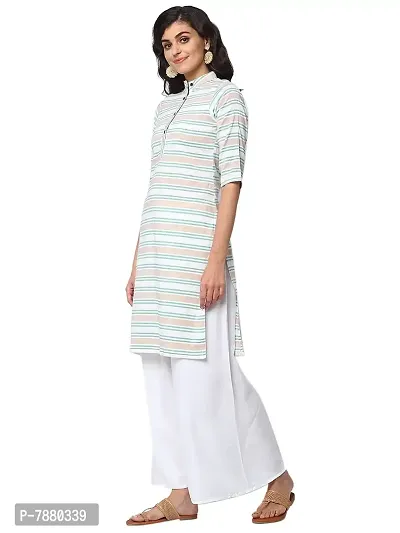 Sayesha Yellow Blue White Stripes Mandarin Collar Women's Cotton Kurti-thumb2