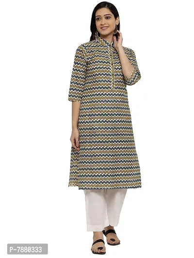 Sayesha Yellow Multicolor ZigZag Mandarin Collar Women's Cotton Kurti-thumb0