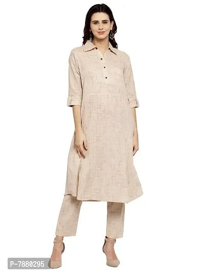 Sayesha Beige Shirt Collar A-Line Women's Cotton Kurti with Cotton Pants(XS TO 7XL)-thumb0