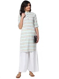 Sayesha Yellow Blue White Stripes Mandarin Collar Women's Cotton Kurti-thumb4