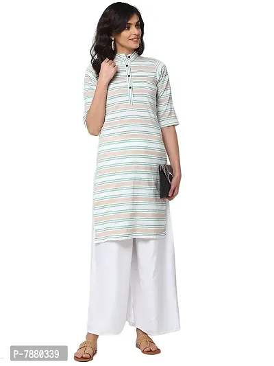 Sayesha Yellow Blue White Stripes Mandarin Collar Women's Cotton Kurti-thumb5