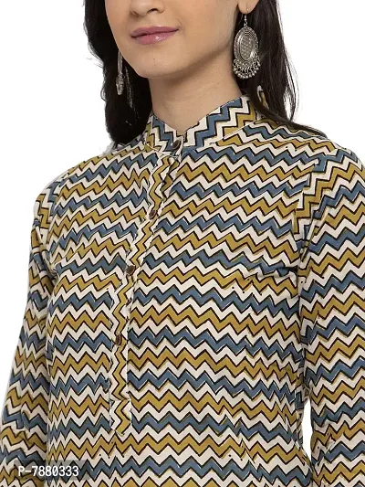 Sayesha Yellow Multicolor ZigZag Mandarin Collar Women's Cotton Kurti-thumb4