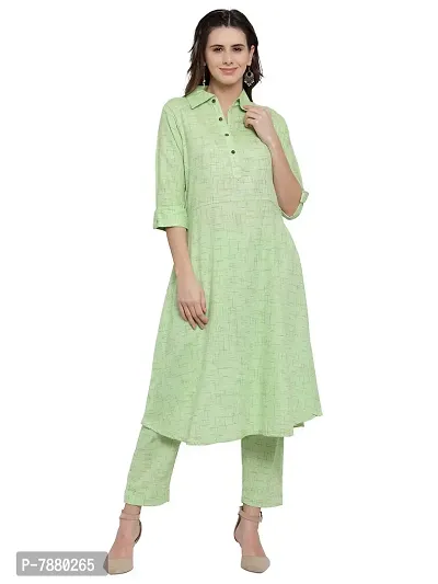 Sayesha Green Shirt Collar A-Line Women's Cotton Kurti with Cotton Pants(XS TO 7XL)-thumb0