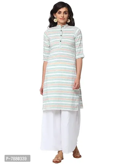 Sayesha Yellow Blue White Stripes Mandarin Collar Women's Cotton Kurti