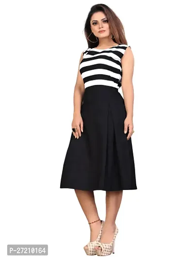 Stylish Black Poly Crepe Striped A-Line Dress For Women-thumb0