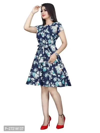 Stylish Navy Blue Poly Crepe Printed A-Line Dress For Women-thumb0