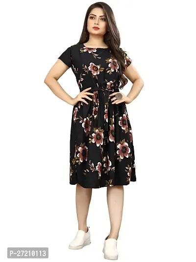 Stylish Black Poly Crepe Printed A-Line Dress For Women