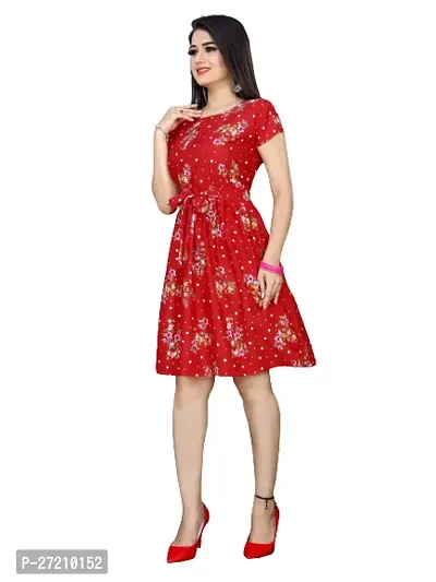 Stylish Red Poly Crepe Printed A-Line Dress For Women