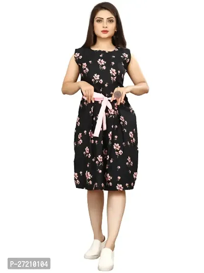 Stylish Black Poly Crepe Printed A-Line Dress For Women