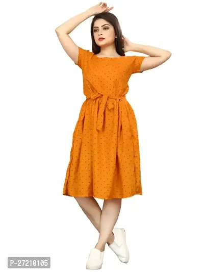 Stylish Yellow Poly Crepe Polka Dot Print A-Line Dress For Women