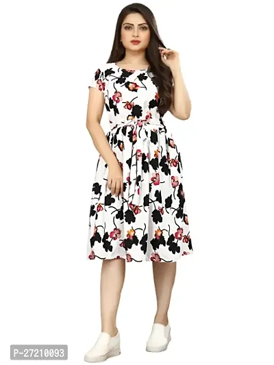 Stylish White Poly Crepe Printed A-Line Dress For Women