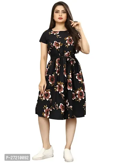Stylish Black Poly Crepe Printed A-Line Dress For Women-thumb0