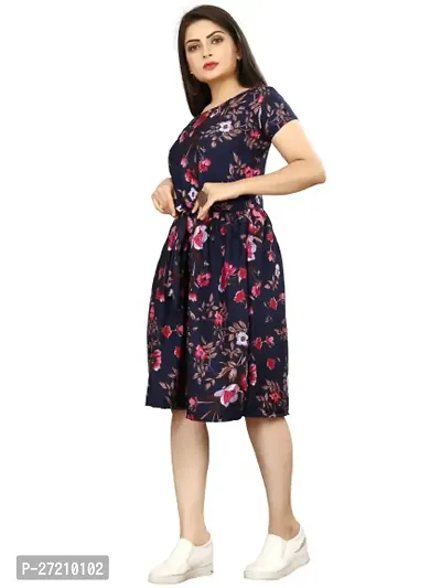 Stylish Navy Blue Poly Crepe Printed A-Line Dress For Women