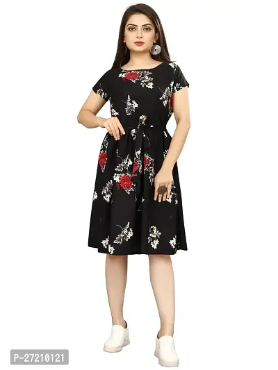 Stylish Black Poly Crepe Printed A-Line Dress For Women-thumb0