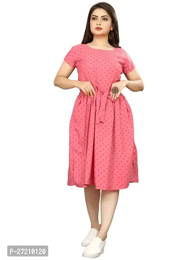 Stylish Pink Poly Crepe Polka Dot Print A-Line Dress For Women-thumb0