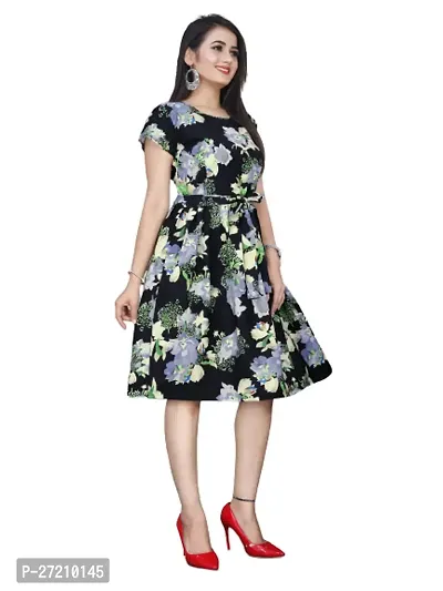 Stylish Black Poly Crepe Printed A-Line Dress For Women