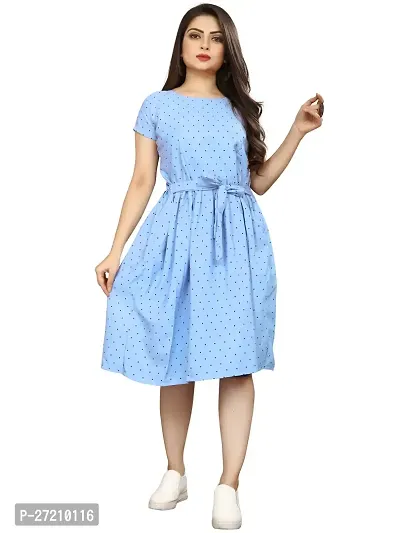 Stylish Blue Poly Crepe Polka Dot Print A-Line Dress For Women