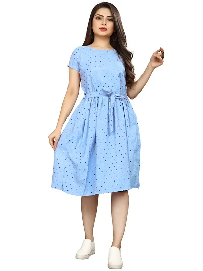 Stylish Poly Crepe Polka Dot Print A-Line Dress For Women