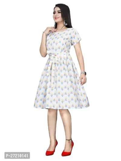 Stylish White Poly Crepe Printed A-Line Dress For Women