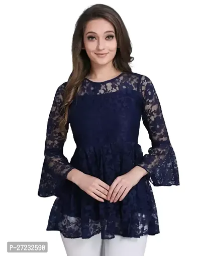 Elegant Navy Blue Poly Crepe Self Design Top For Women-thumb0