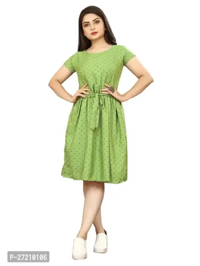 Stylish Green Poly Crepe Polka Dot Print A-Line Dress For Women