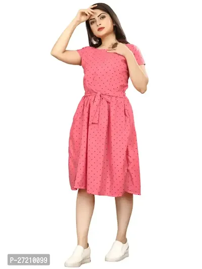 Stylish Pink Poly Crepe Polka Dot Print A-Line Dress For Women