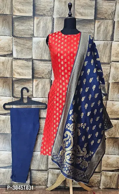 Stylish Red Jacquard Kurta, Bottom And Dupatta Set For Women