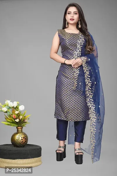 A-Line Navy Blue Woven Design Jacquard kurta Set-thumb0