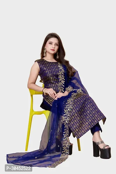 Elegant Navy Blue Woven Design Jacquard A-Line Kurta Pant With Dupatta For Women-thumb0