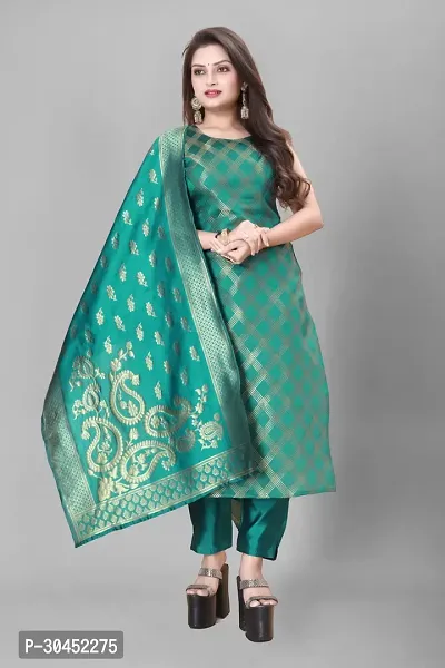 Elegant Teal Woven Design Jacquard A-Line Kurta Pant With Dupatta For Women