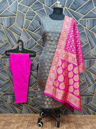 Stylish Jacquard Kurta And Pant With Dupatta Set For Women