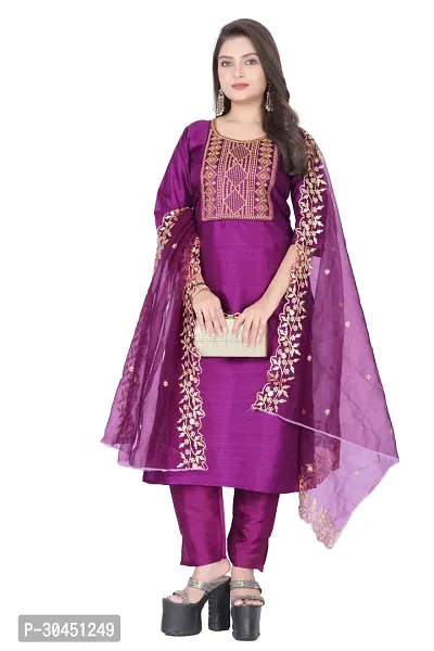 Stylish Purple Silk Kurta, Bottom And Dupatta Set For Women