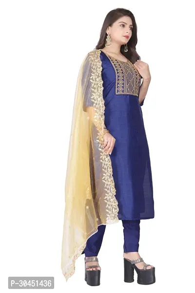 Stylish Navy Blue Silk Kurta, Bottom And Dupatta Set For Women-thumb2