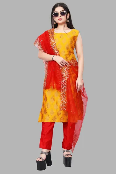 Stylish Jacquard Kurta And Pant With Dupatta Set For Women