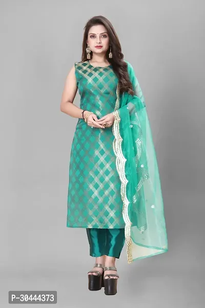 Stylish Teal Jacquard Kurta, Bottom And Dupatta Set For Women