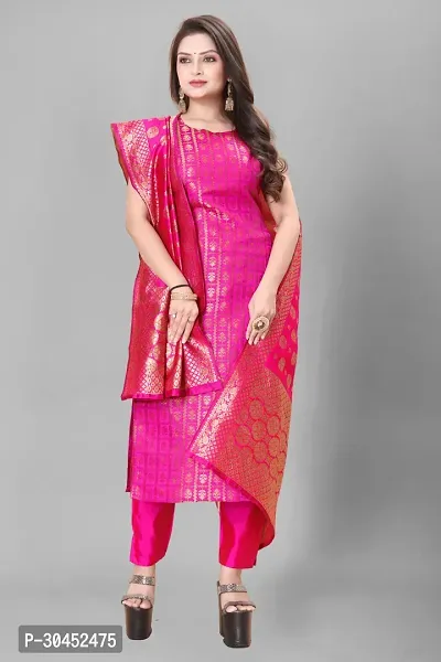 Elegant Pink Woven Design Jacquard A-Line Kurta Pant With Dupatta For Women