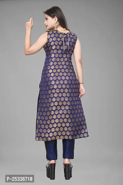 A-Line Navy Blue Woven Design Jacquard kurta Set-thumb3