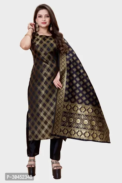 Elegant Black Woven Design Jacquard A-Line Kurta Pant With Dupatta For Women-thumb0