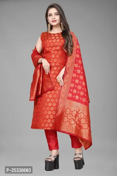 A-Line Red Woven Design Jacquard kurta Set-thumb0