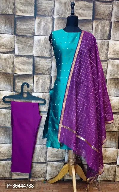 Stylish Teal Jacquard Kurta, Bottom And Dupatta Set For Women