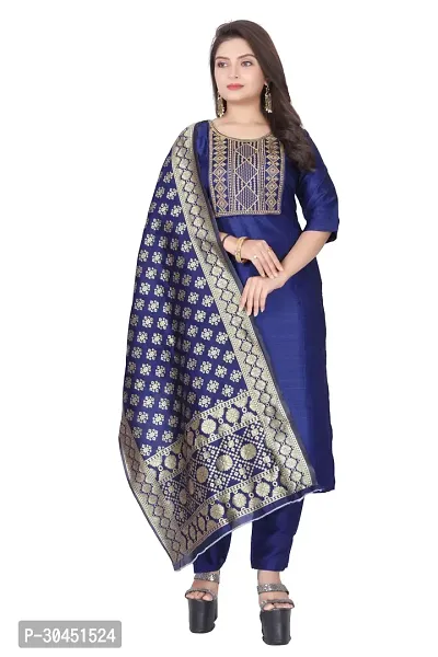 Stylish Navy Blue Silk Kurta, Bottom And Dupatta Set For Women