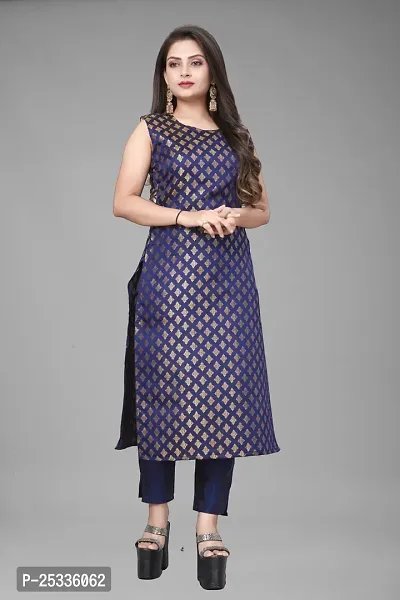 A-Line Navy Blue Woven Design Jacquard kurta Set-thumb2