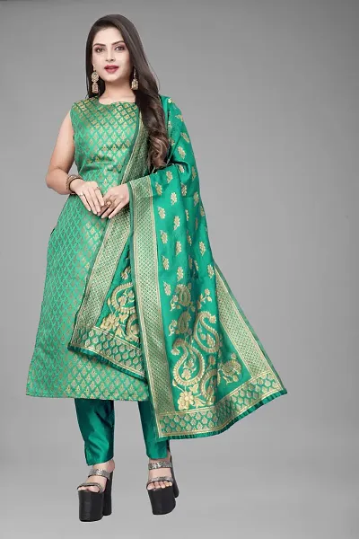 Stylish A-Line Jacquard Kurta with Bottom and Dupatta Set