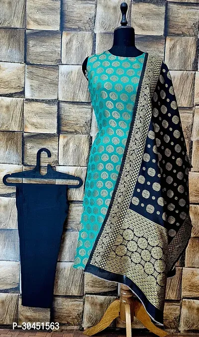 Elegant Teal Woven Design Jacquard A-Line Kurta Pant With Dupatta For Women