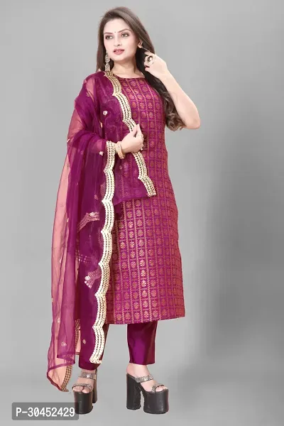 Elegant Purple Woven Design Jacquard A-Line Kurta Pant With Dupatta For Women-thumb0