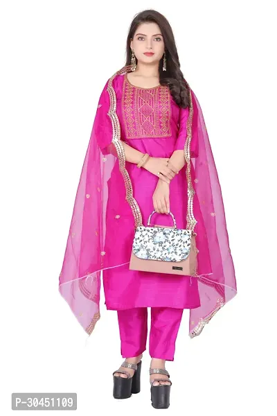 Stylish Pink Silk Kurta, Bottom And Dupatta Set For Women