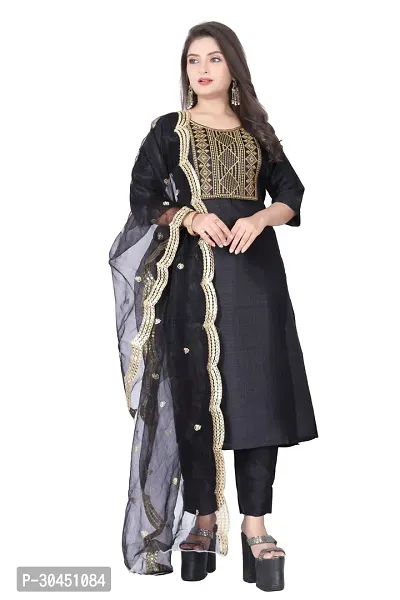 Stylish Black Silk Kurta, Bottom And Dupatta Set For Women-thumb0