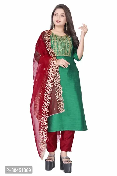 Stylish Green Silk Kurta, Bottom And Dupatta Set For Women